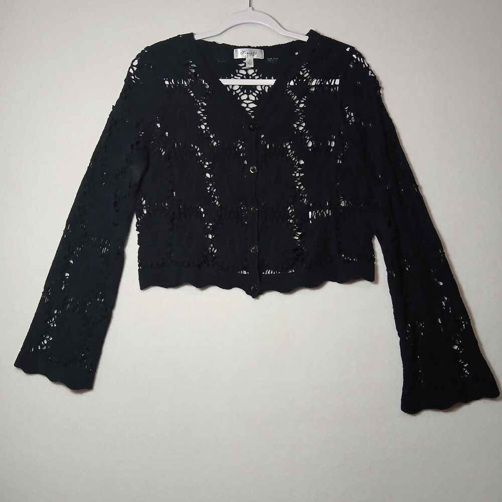Honey & T Women’s Black Crochet Button Up Sweater Cropped Floral 90s Retro #1086
